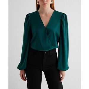 Express Blouse Bodysuit Womens Size XL Green Wrap Front V-Neck Long Sleeve